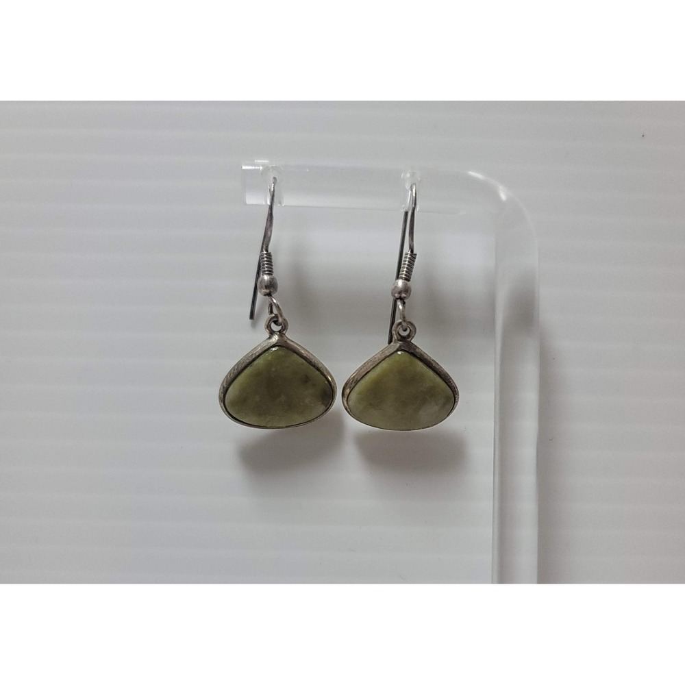 Sterling Silver Green Nephrite Jade Triangle Drop Earrings 925 Fishhook Dangle